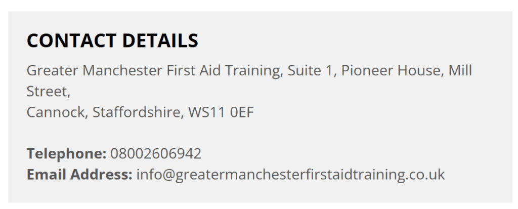 Screenshot of the Greater Manchester First Aid Training contact address in Cannock, Staffordshire
