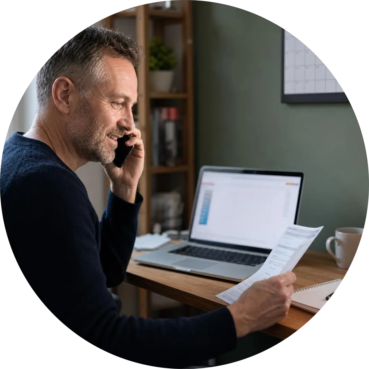 A learner discussing a certificate deadline by phone beside a laptop and calendar