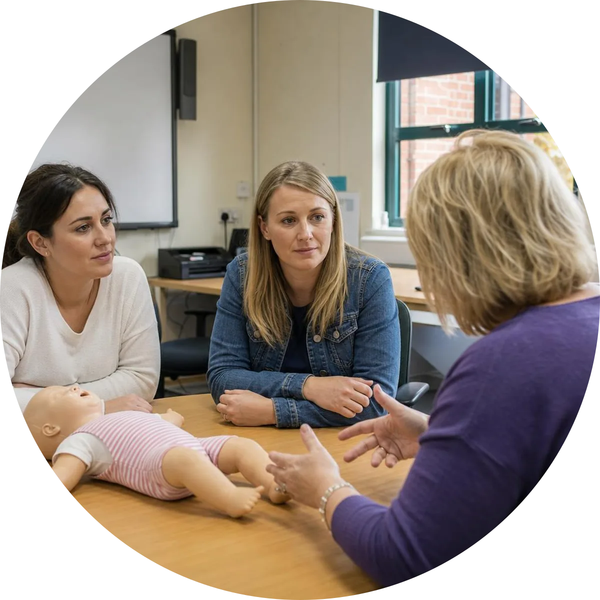 Childcare professionals studying beside a baby CPR training manikin