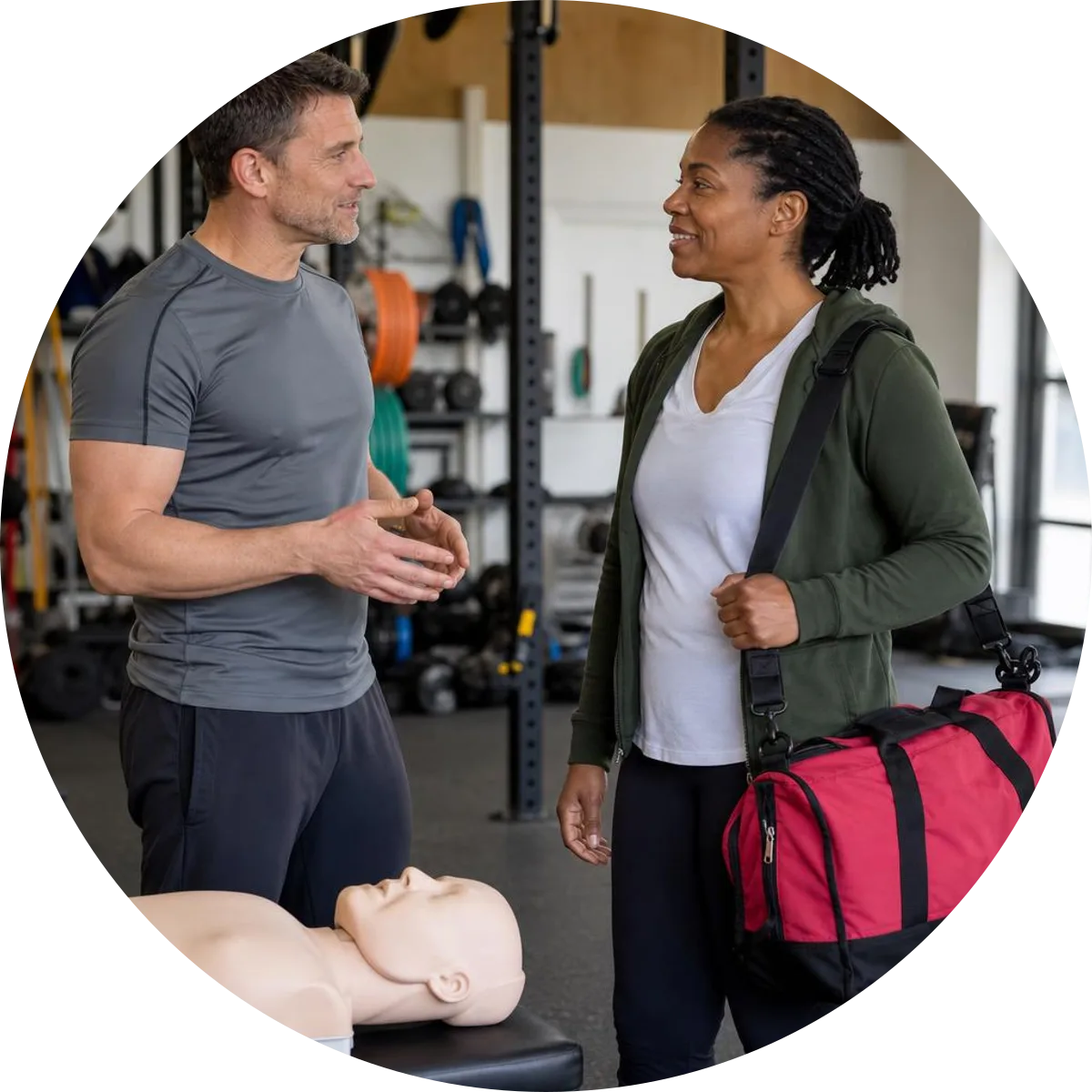 A personal trainer meeting a First Aid instructor in an indoor gym