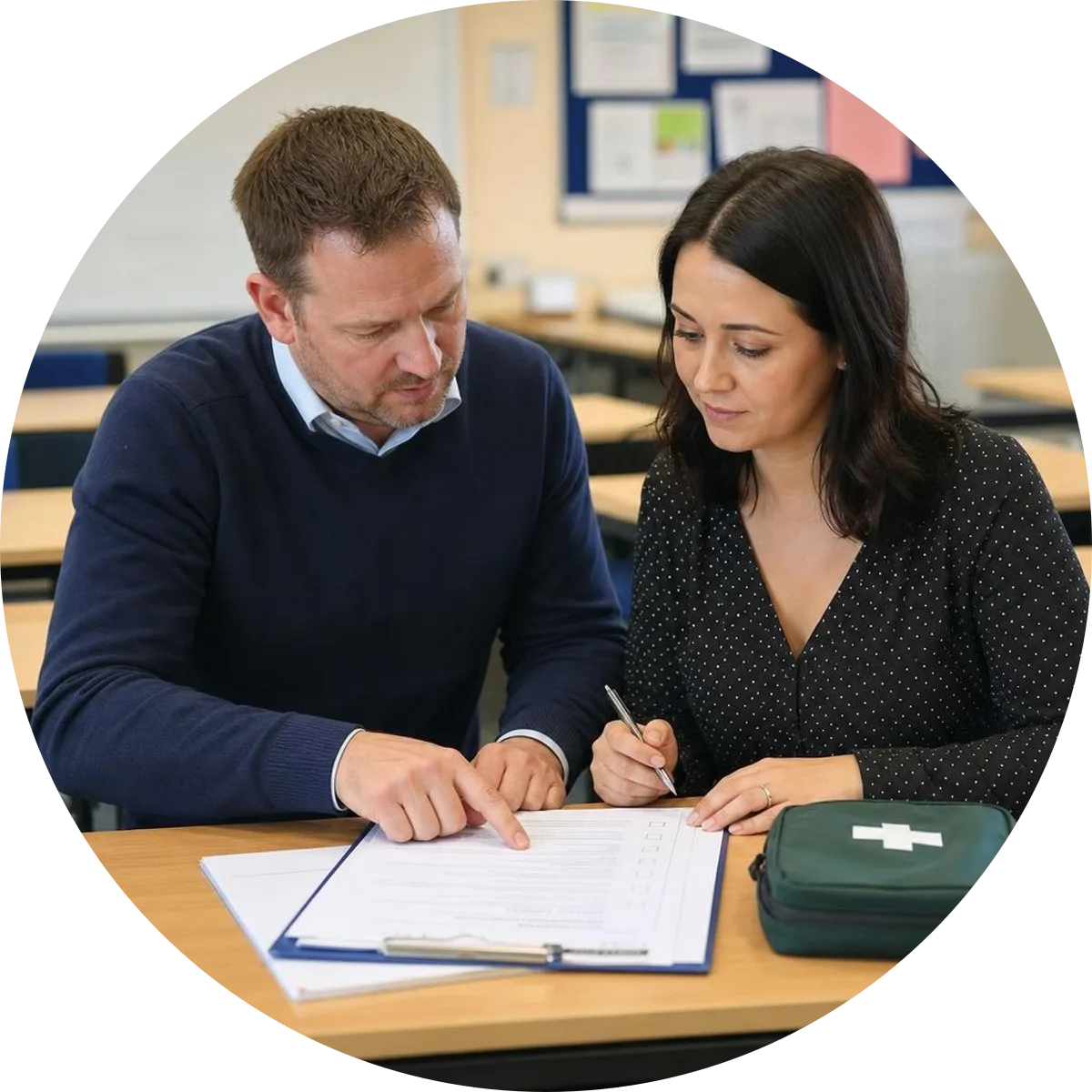 An employer and trainer comparing a course checklist beside a training kit